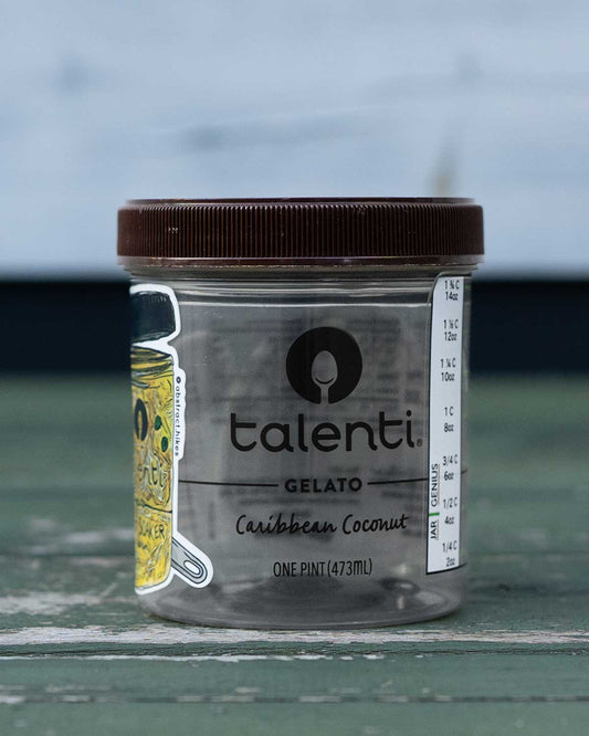 Talenti 容器に HYKLYF ジャー・ジーニアス メモリステッカーと Cold Soaker ステッカーを貼った使用例