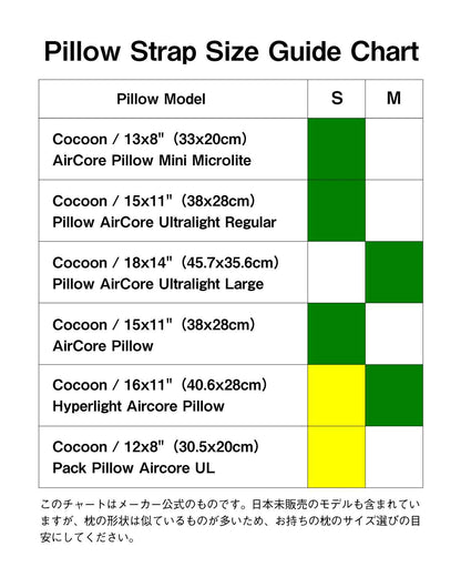 Pillow Strap サイズガイドチャート｜Cocoon ピロー各種との適合表