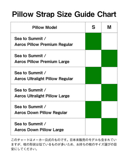 Pillow Strap サイズガイドチャート｜Sea to Summit ピロー各種との適合表