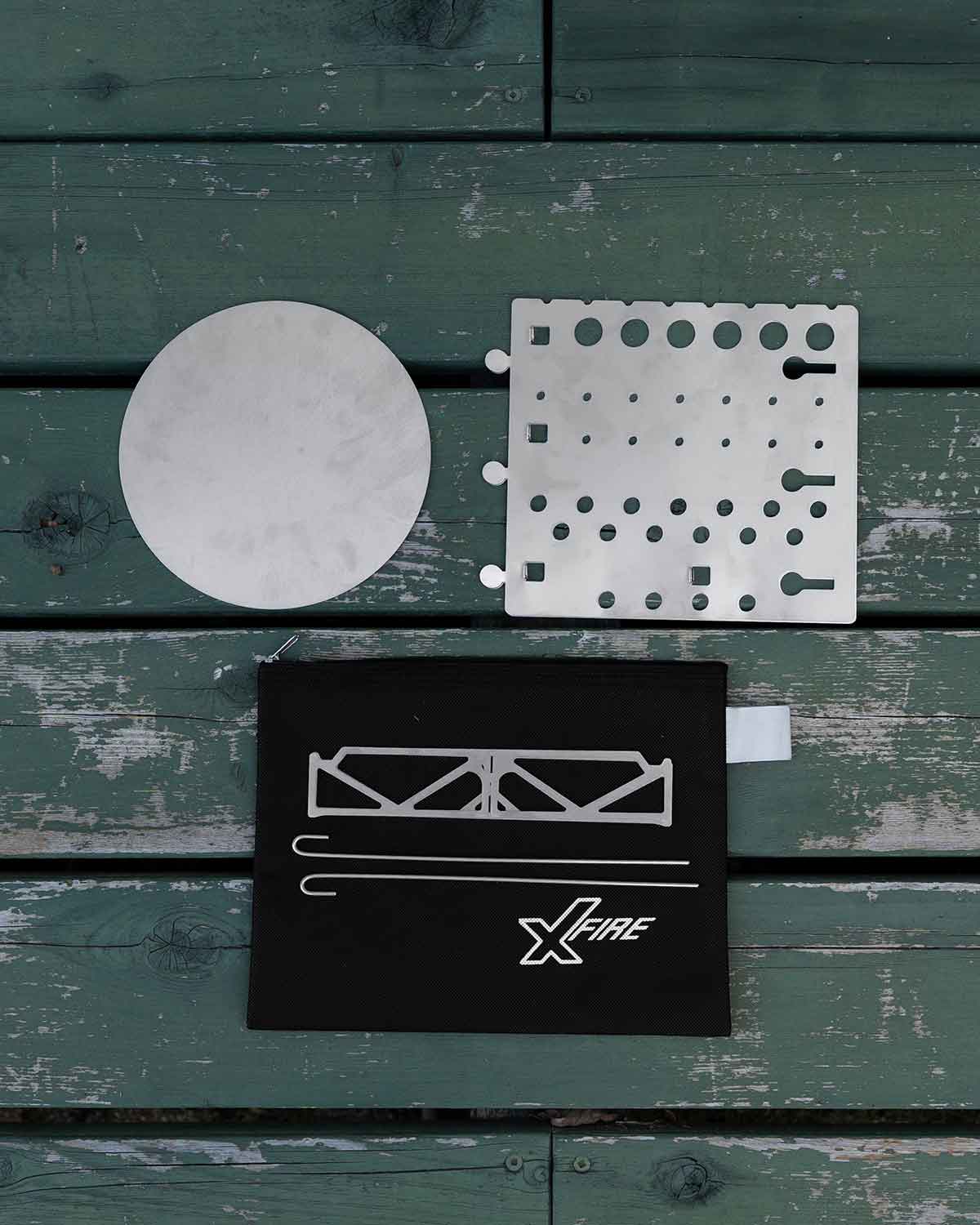 X-Boil X-Fire｜セット内容画像 付属品一式（底面プレート・ヒートプロテクションクロス・収納袋）
